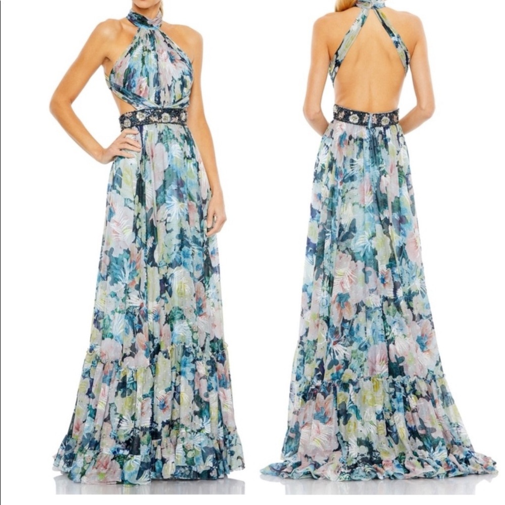MAC DUGGAL Size 8 NWT Floral Halter A Line Gown Cutouts Embellished Belt Dress